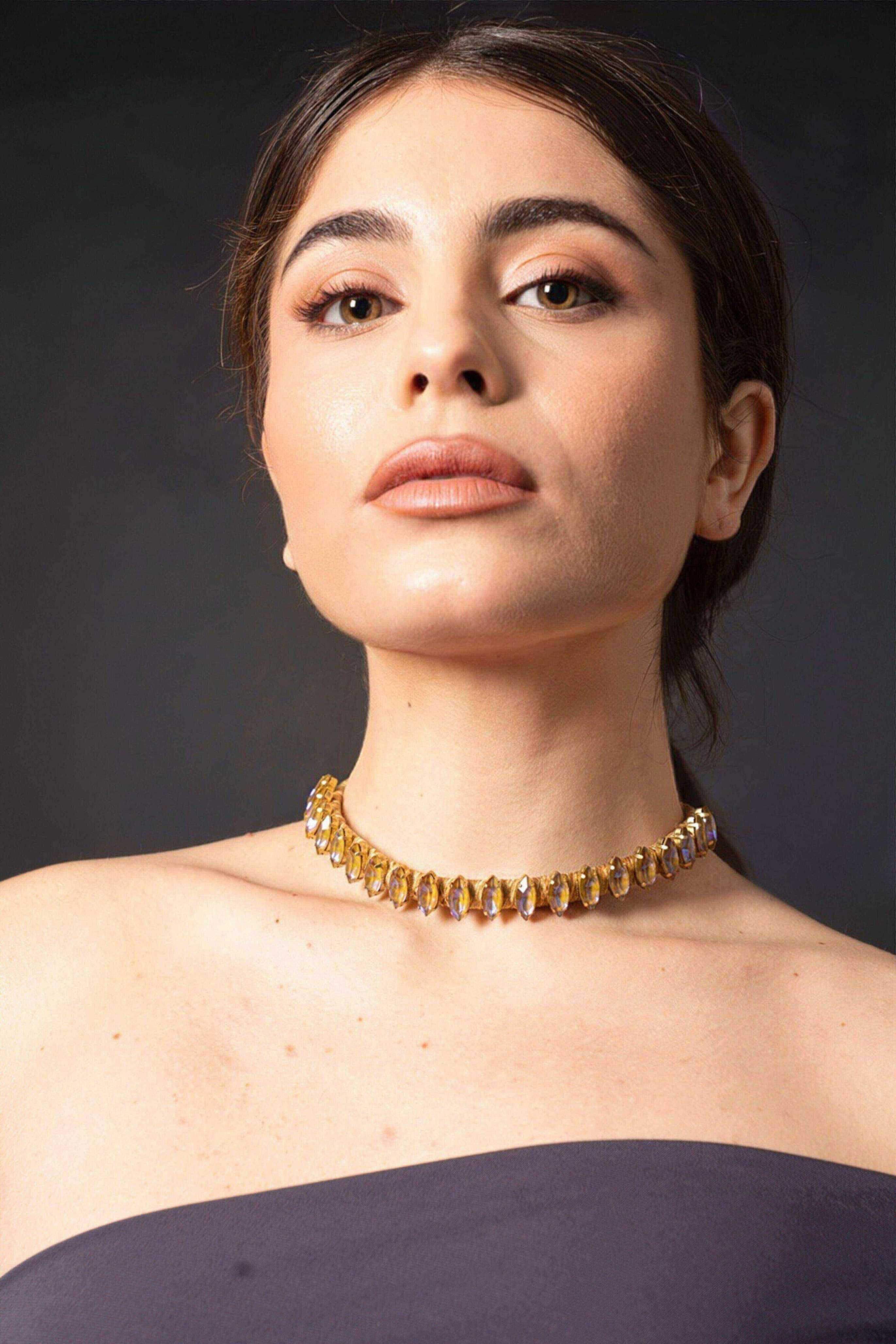 Miniatura Choker a torchon dorato con cristalli - 100%CACHEMIRE
