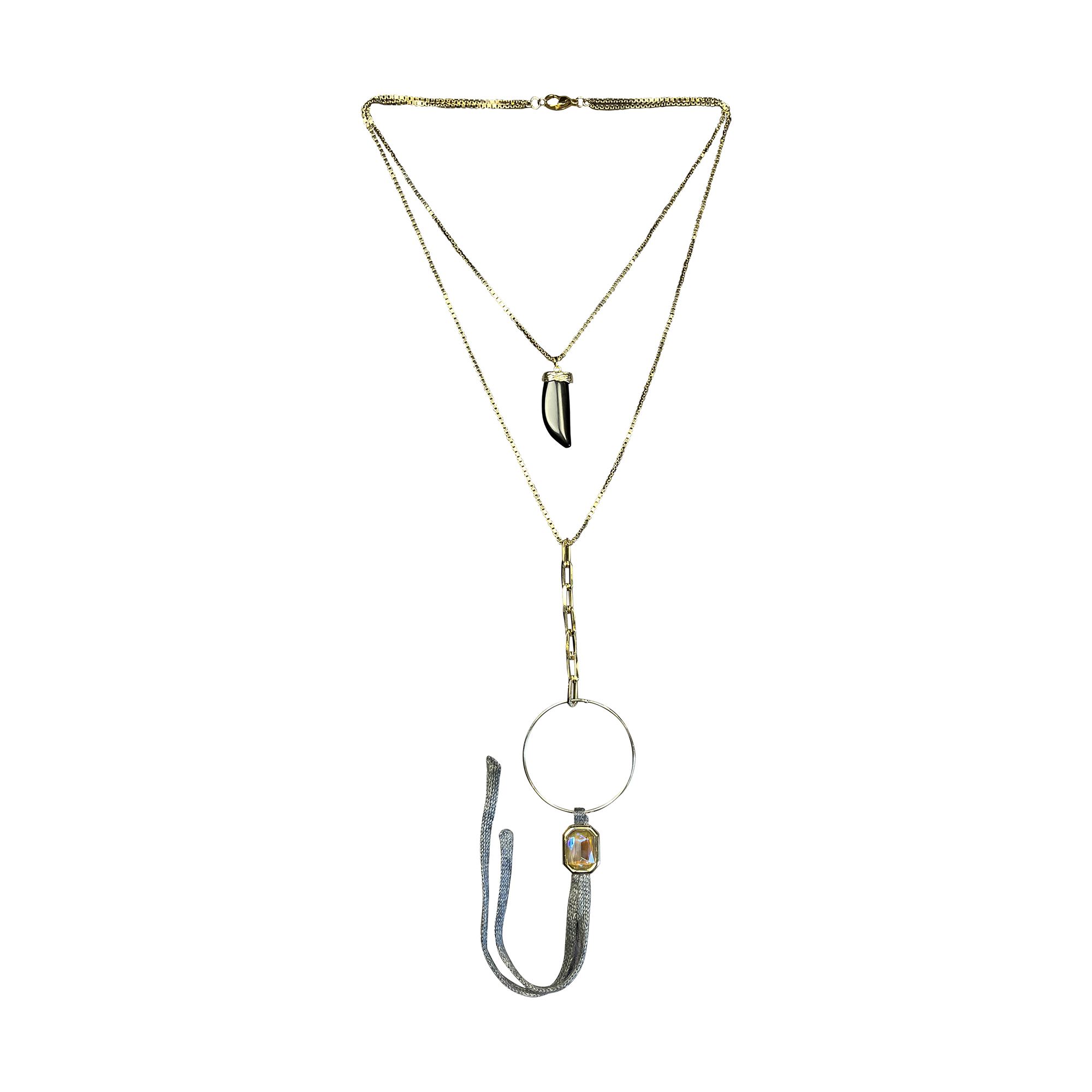 Collana Layered con dente in resina e cristallo