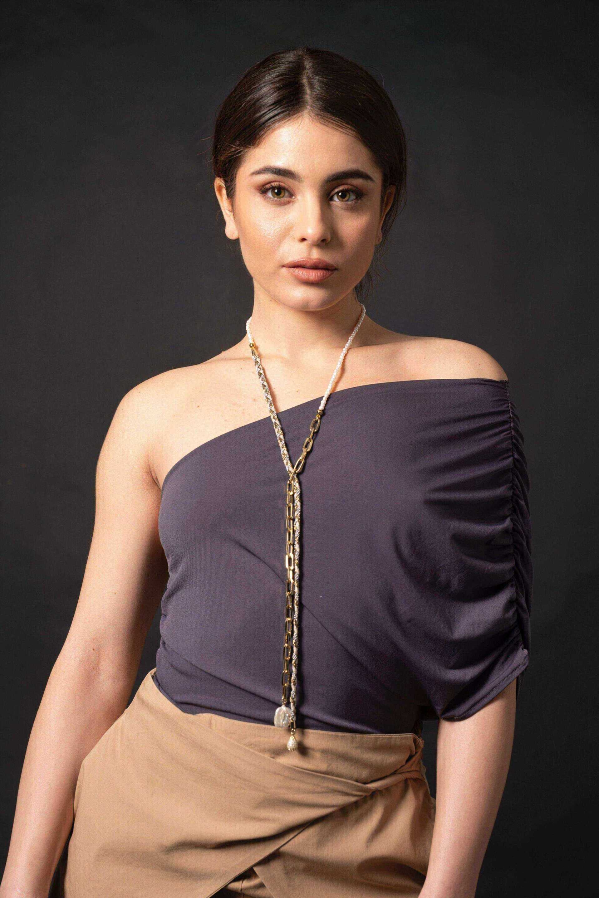 Miniatura Collana lunga Y-design con intreccio e perla - 100%CACHEMIRE